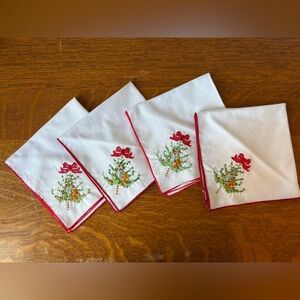 Vintage Christmas Napkins Handkerchiefs Cross Stitc Christmas Tree Bow Red Green
